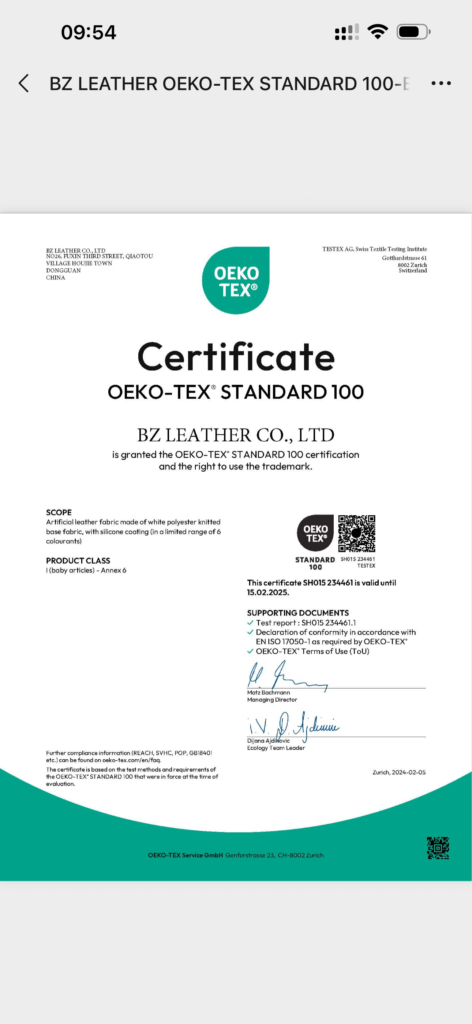 bz leather oeko tex certificate